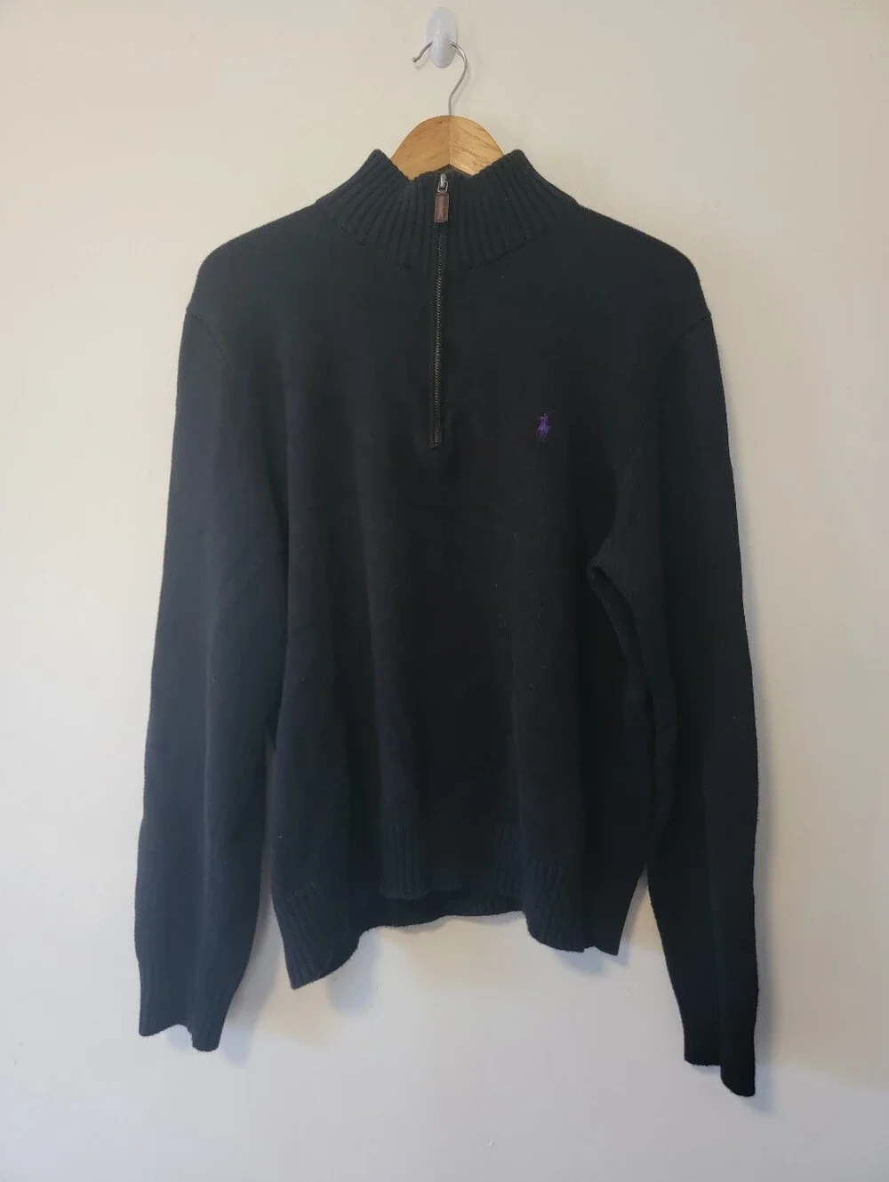 Ralph Lauren Black Half-Zip Sweater with Purple Pony